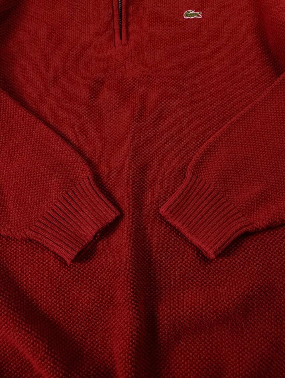Lacoste Quarter Zip Sweater Medium 4 Textured Cotton Knit Moc Neck Red Pullover - Picture 8 of 10